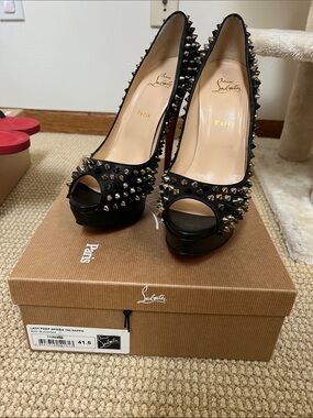 Christian Louboutin Black Studded Peep-Toe Platform Heels